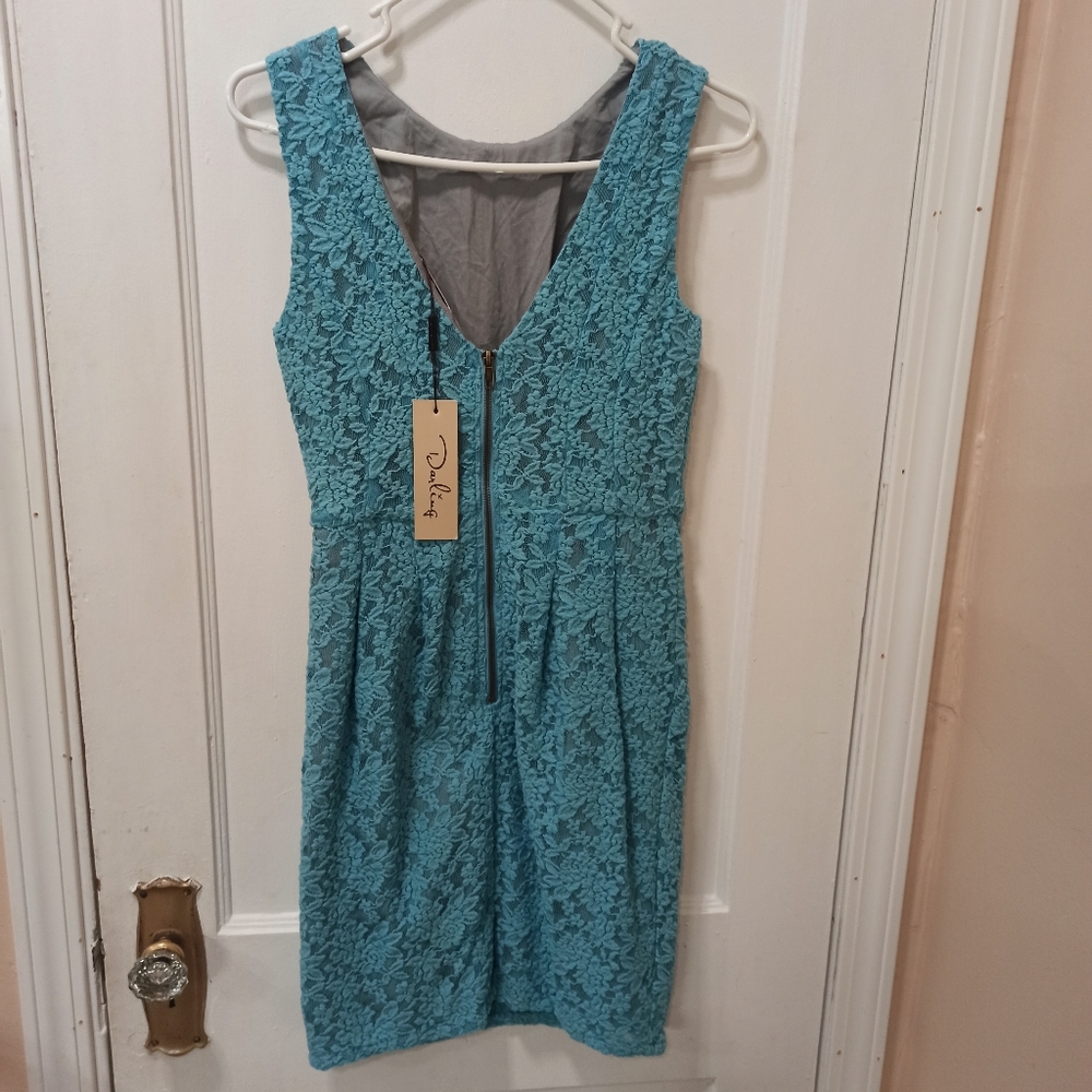 Darling Dress Aqua Lace Blue Floral small Back Zip Up - Picture 7 of 16